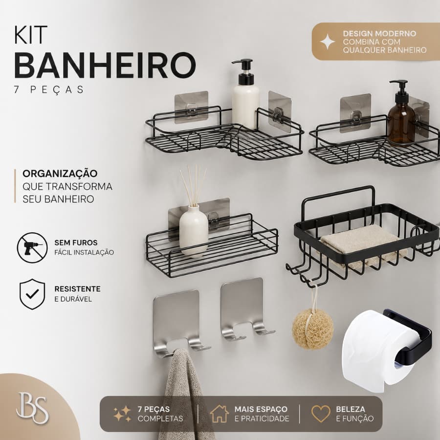 KIT 7 Prateleira De Banheiro, Shampoo, Organizador Triângulo, Suporte Adesivo Para Parede
