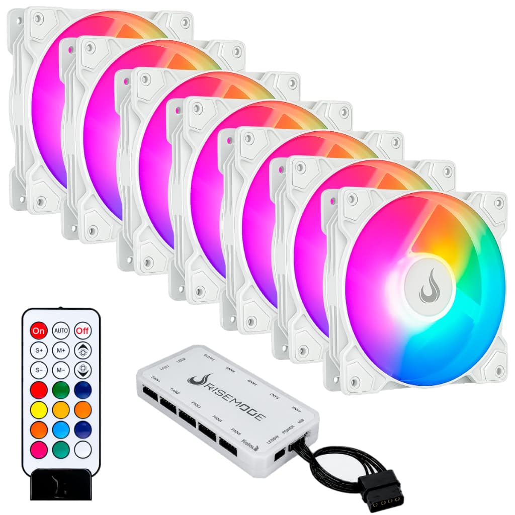 Kit 7 Fans Cooler Ventoinhas Pc Gamer Rise Mode Z White Argb C/ Controladora Hub Branco