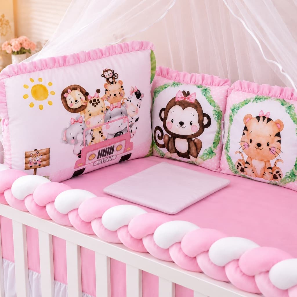 Kit Berço Americano 12 Peças Completo Luxo Menina Menino Enxoval Bebê Com Trança