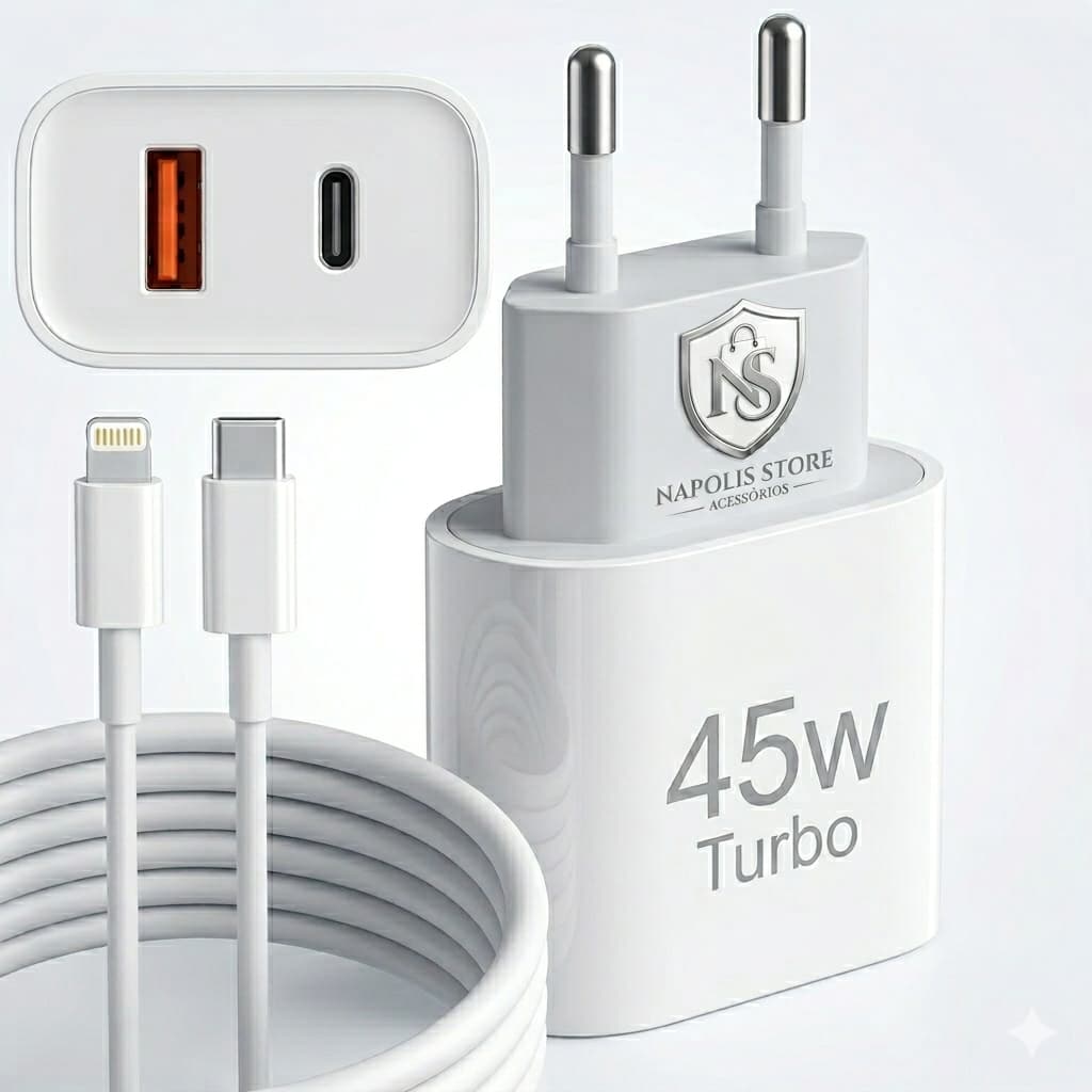 Carregador Iphone Turbo 45W 2 Entradas USB e USB-C + Cabo Lightning Iphone 6 7 8 X XR XS 11 12 13 14