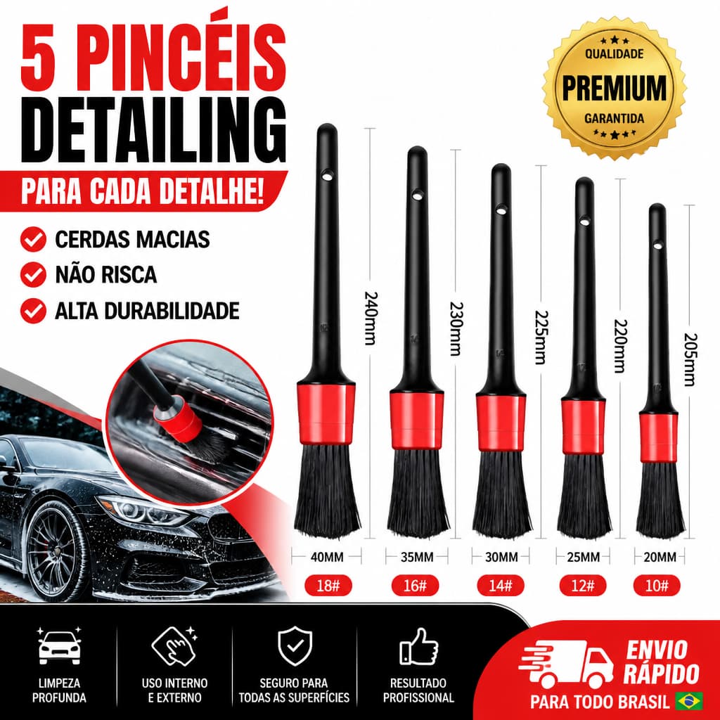 Kit 5 Escovas Pincéis Detalhamento Automotivo Limpeza Profunda Carro Moto Rodas Painel Saída de Ar Cerdas Macias