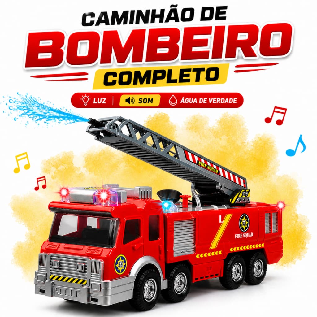 Caminhão Bombeiro Brinquedo Joga Água De Verdade Luz Som Sirene Musical Carrinho Bate Volta