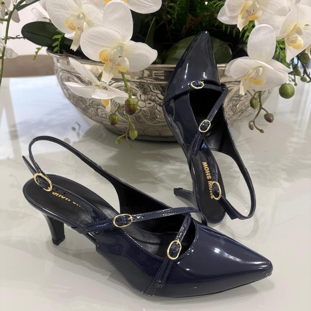 Sapato Feminino Scarpin Social Slingback Bico Fino Salto Fino Baixo Fivelas Napa Leve Confortável Show Show Calçados
