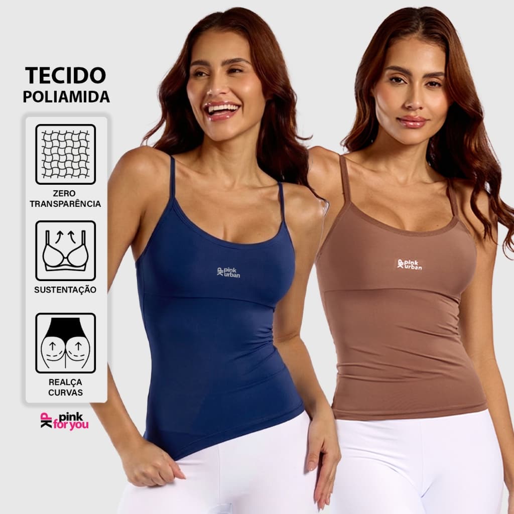 Kit 2 Camisetas Feminina Alça Fina Fitness Poliamida Premium Academia Forro Duplo Regata Verão