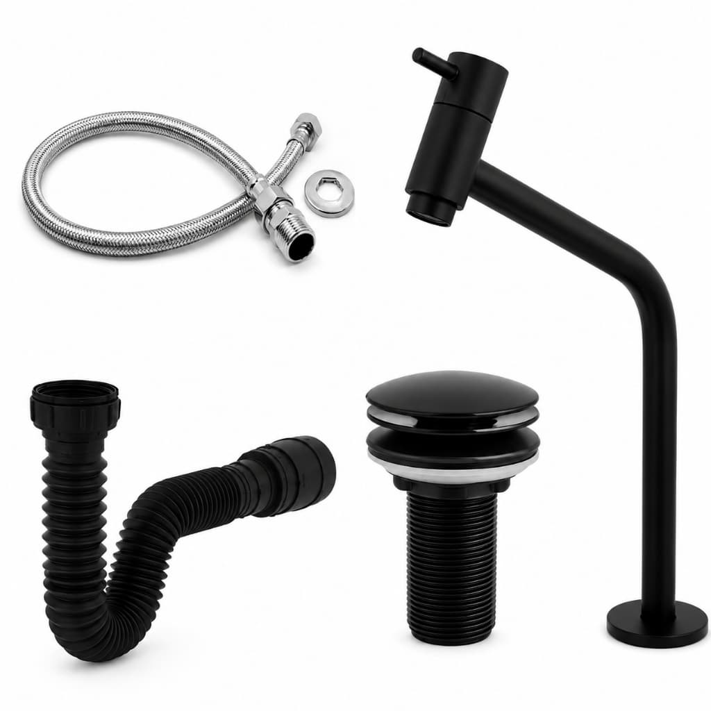 Kit Completo Banheiro - Torneira link Preta Bancada + Válvula Click 7/8 + Sifão Flexível + Engate 40cm
