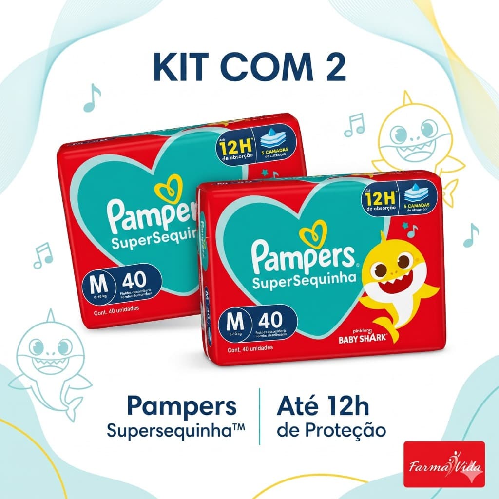 Kit 2 Fraldas Pampers Supersequinha Baby Shark | Até 12h Proteção