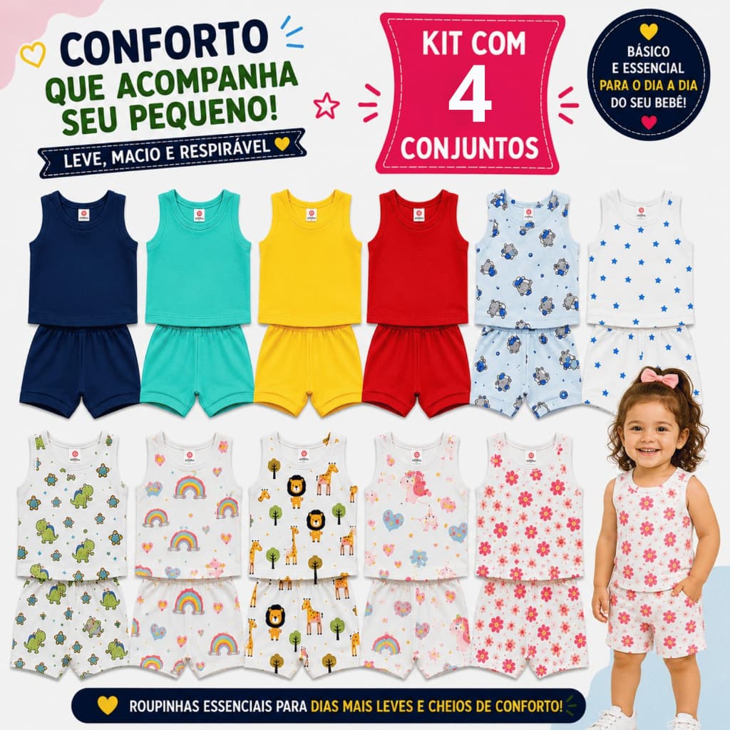 Kit 4 Conjuntos bebe 4 Regatas Camisetas 4 Short Tapa Fralda Liso Estampado Pijama Enxoval Bebê Menino Menina Verão