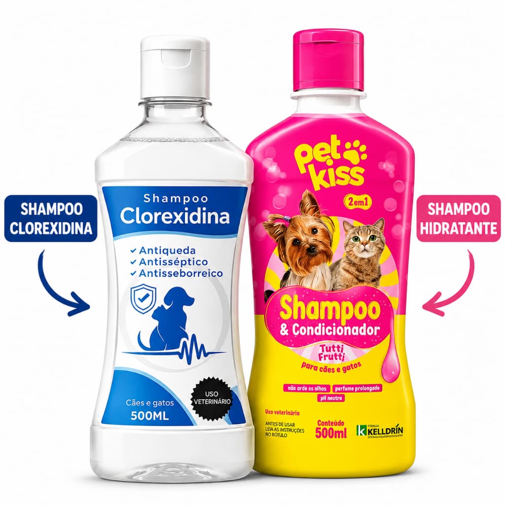 Shampoo Clorexidina Pet + Shampoo Hidratante 2em1 Combo Dermatite Cães e Gatos