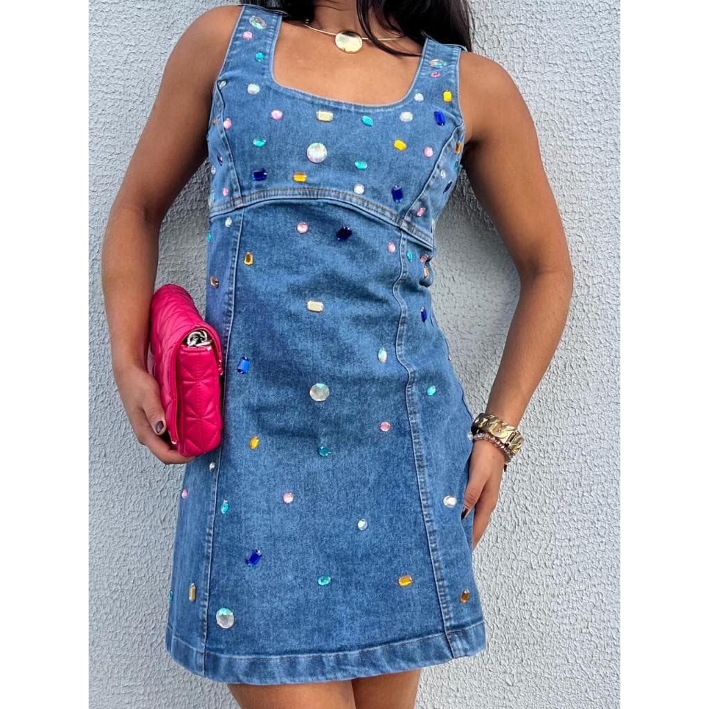 kissmelady 8507 vestido curto jeans feminina sem manga com brilho vestido midi