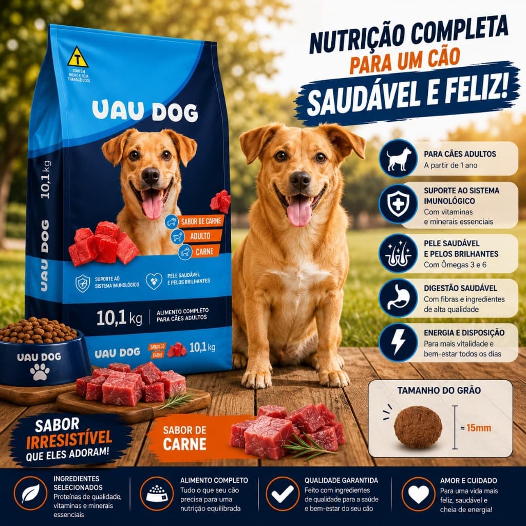 Ração Para Cachorro  Adulto 10,1Kg Uau Dog Todas as Raças Nível de Proteína 18% Sabor Carne Sem Corante