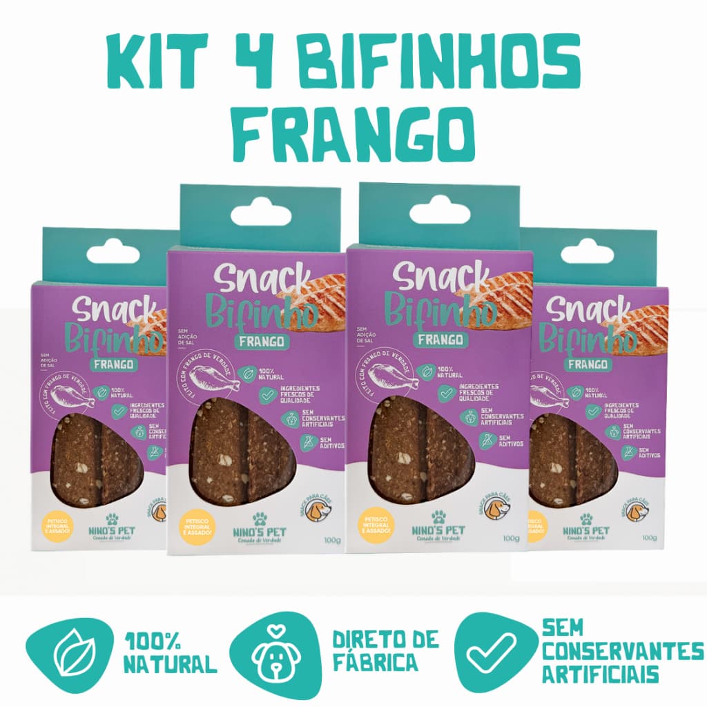 Kit 4 Bifinhos de Frango para Cães Ninos Pet 100% Natural Petisco Premium Snack Saudável Melhor Custo