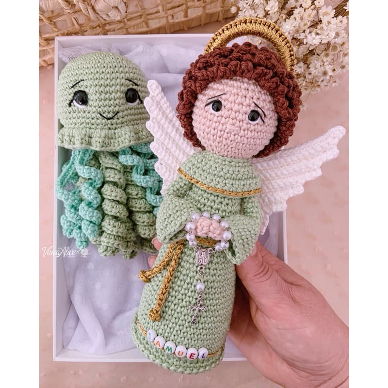 Kit Amigurumi Personalizado – Anjinho com Nome + Polvinho de Crochê  Presente Maternidade Lembrancinha