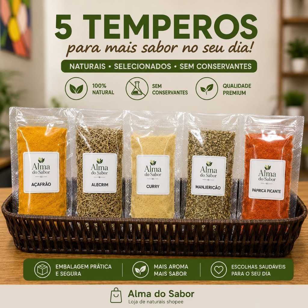 5 temperos - Açafrão, Alecrim, Curry, Manjericão e Páprica Picante