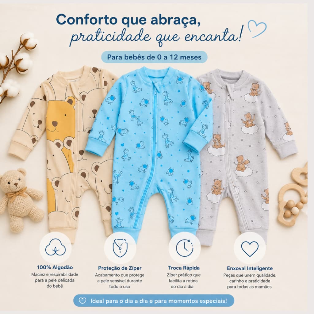 Kit 03 macacões bebê estampados menino 100% aglodão suedine enxoval cores sortidas