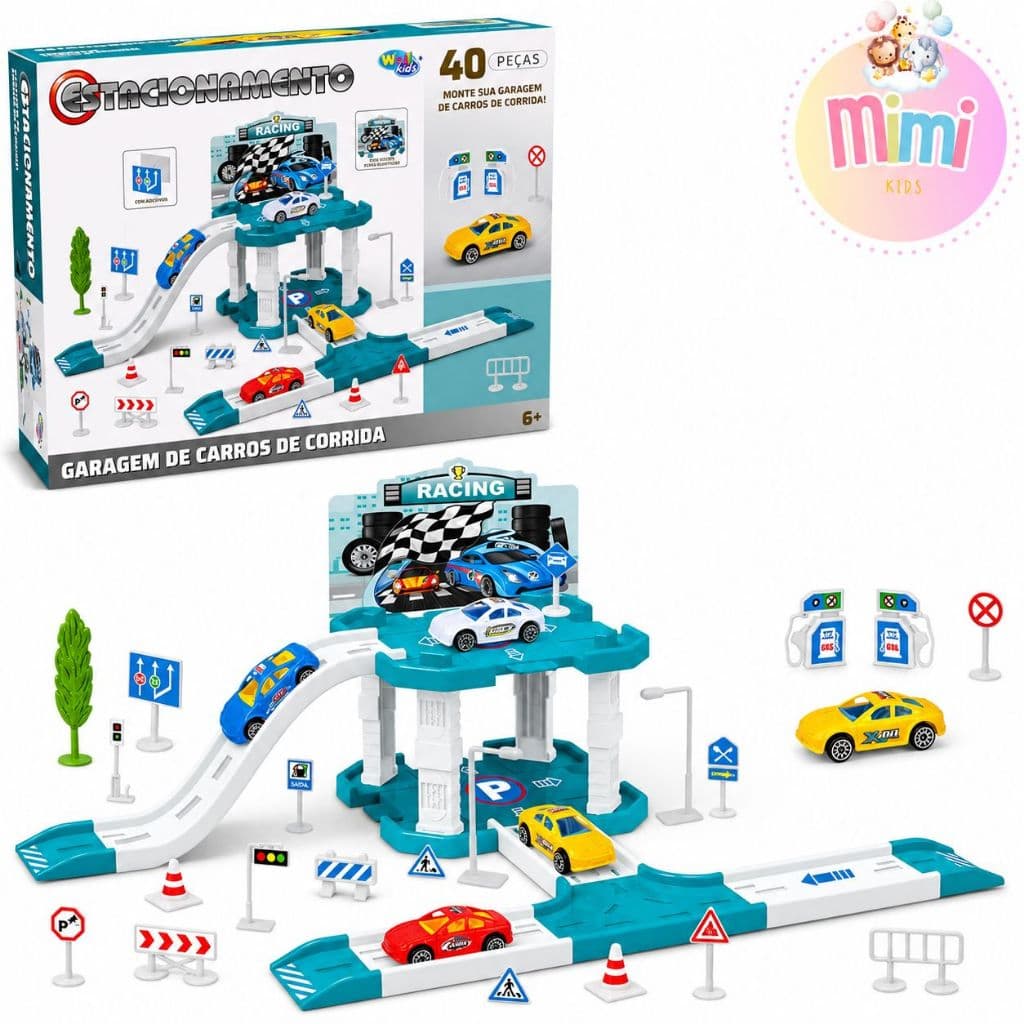 Pista de Carrinho Brinquedo Estacionamento e Garagem De Carros De Corrida 40 Peças 2 Carrinhos