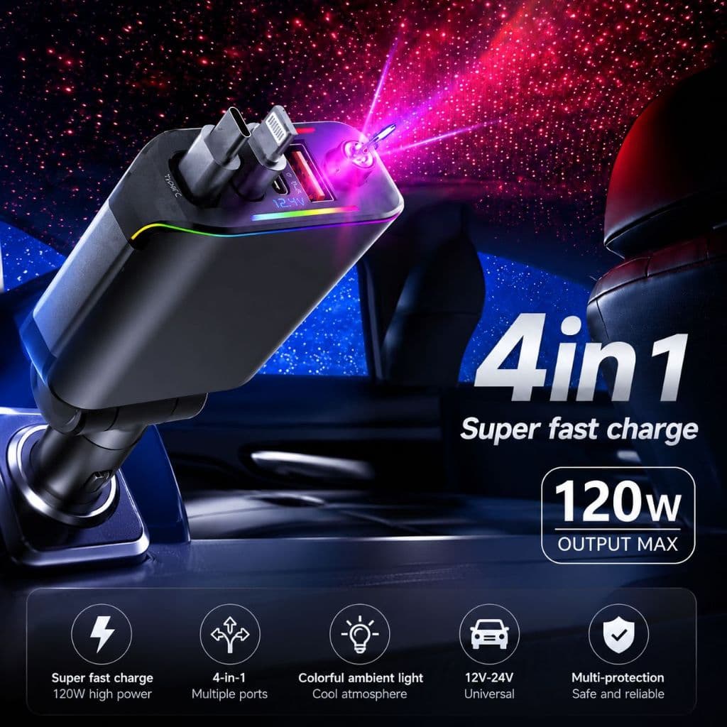Carregador Veicular USB Type-C Guia RetrátiL com Luz Estrela LED 4 em 1 para Carro