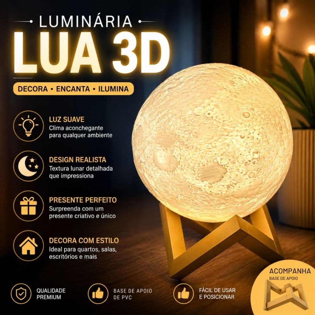 Luminária Mini Lua Cheia Decorativa LED Luz Noturna Criativa Para Quarto, Estudo Ambientes Decoração