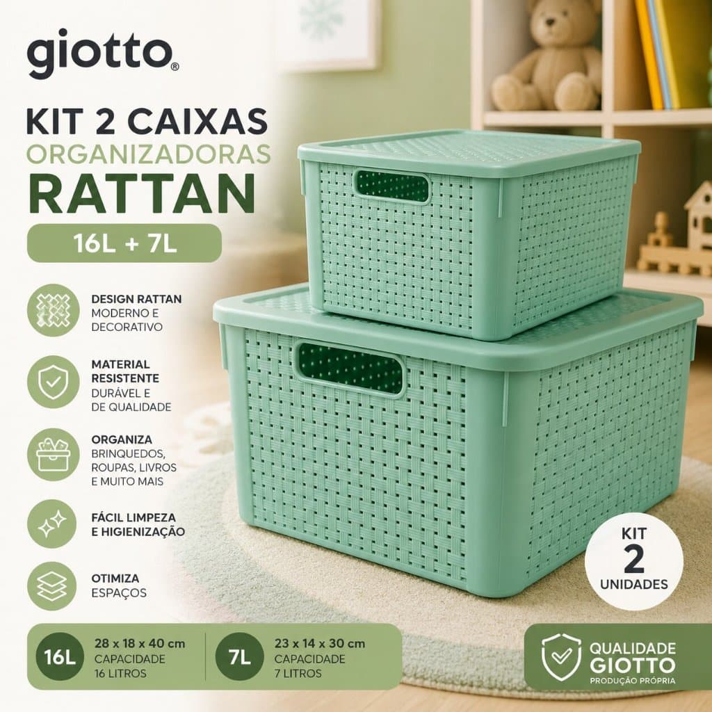 Kit 2 Caixas Organizadoras Rattan 16L e 7L Verde Cesto Organizador Casa Banheiro Giotto