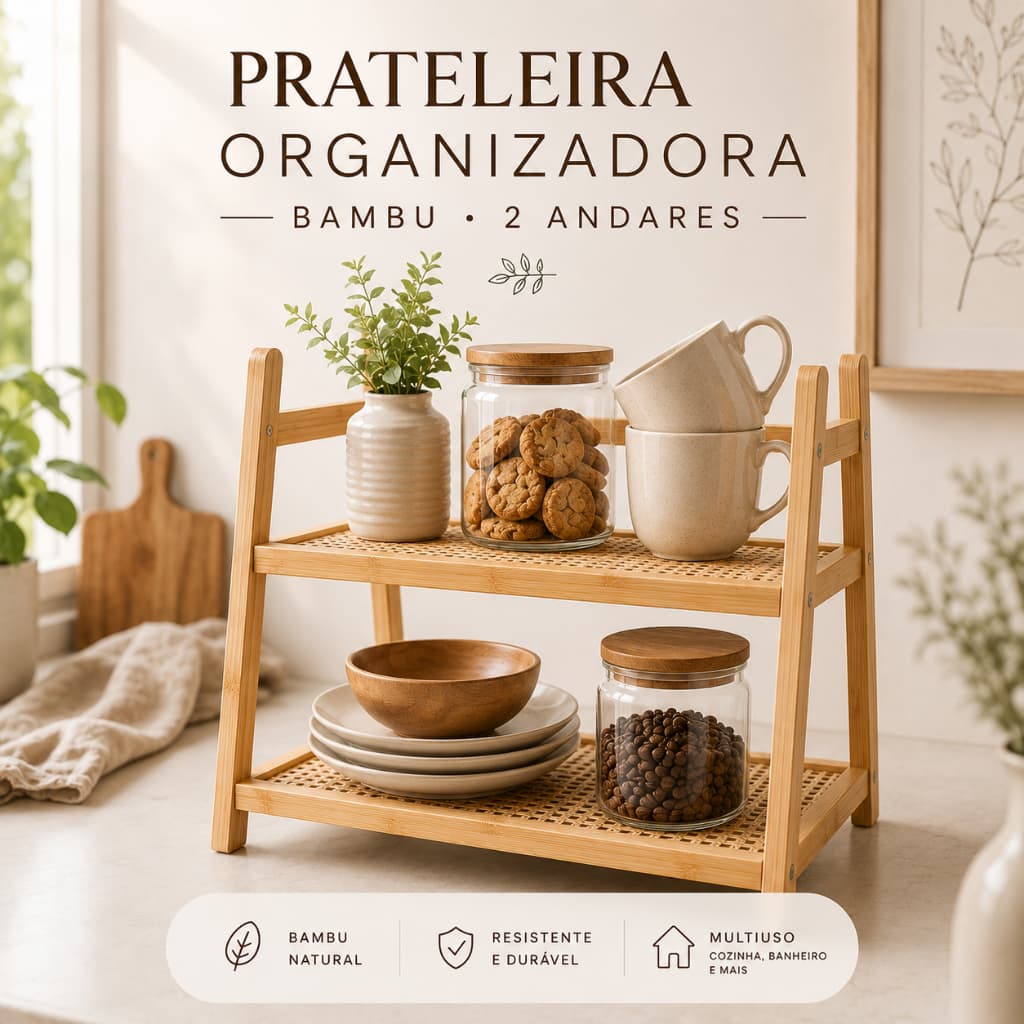 Prateleira Organizadora Bambu 2 Andares Multiuso Cozinha Banheiro Decoração Premium
