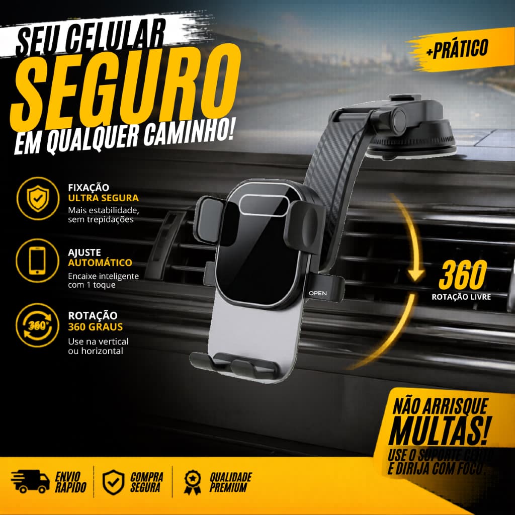 Suporte Celular Carro Veicular 360° Trava Automática Anti Queda GPS Universal Ventosa Painel Ar