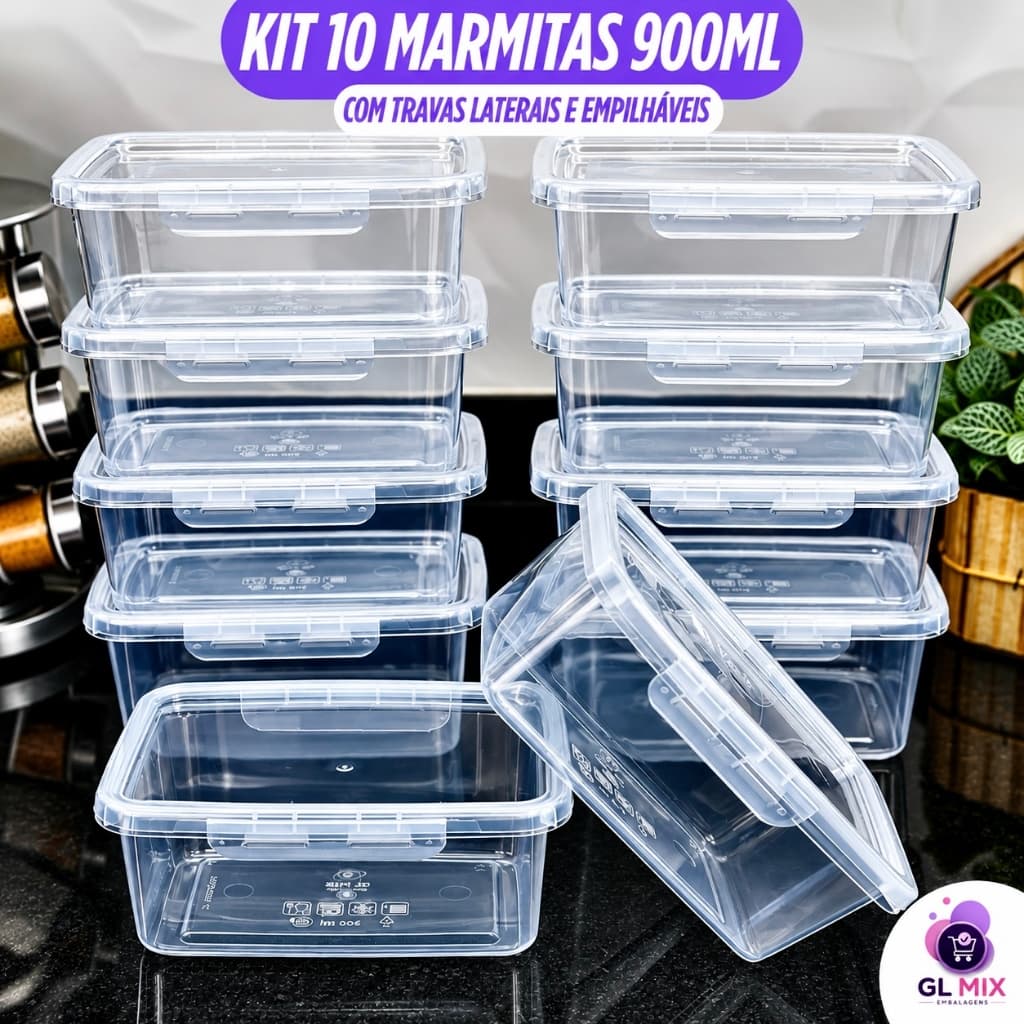 Kit 10 Marmita 900ml - Travas Hermética Premium BPA FREE Alta Vedação Freezer Microondas Lava Louças