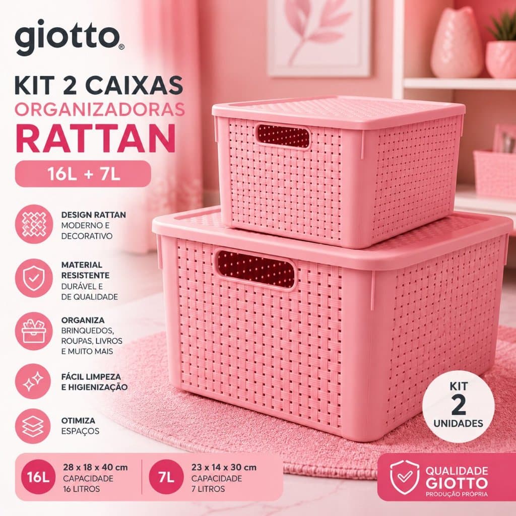 Kit 2 Caixas Organizadoras Rattan 16L e 7L Rosa Cesto Organizador Casa Banheiro Giotto