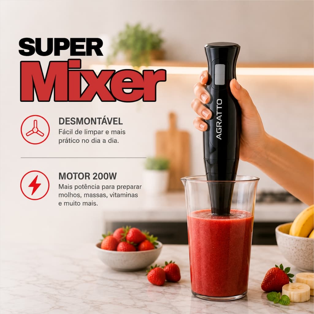 Mixer Elétrico Turbo Mixer Elétrico Liquidificador Potente Manual Agratto 127V Batedeira de Mão