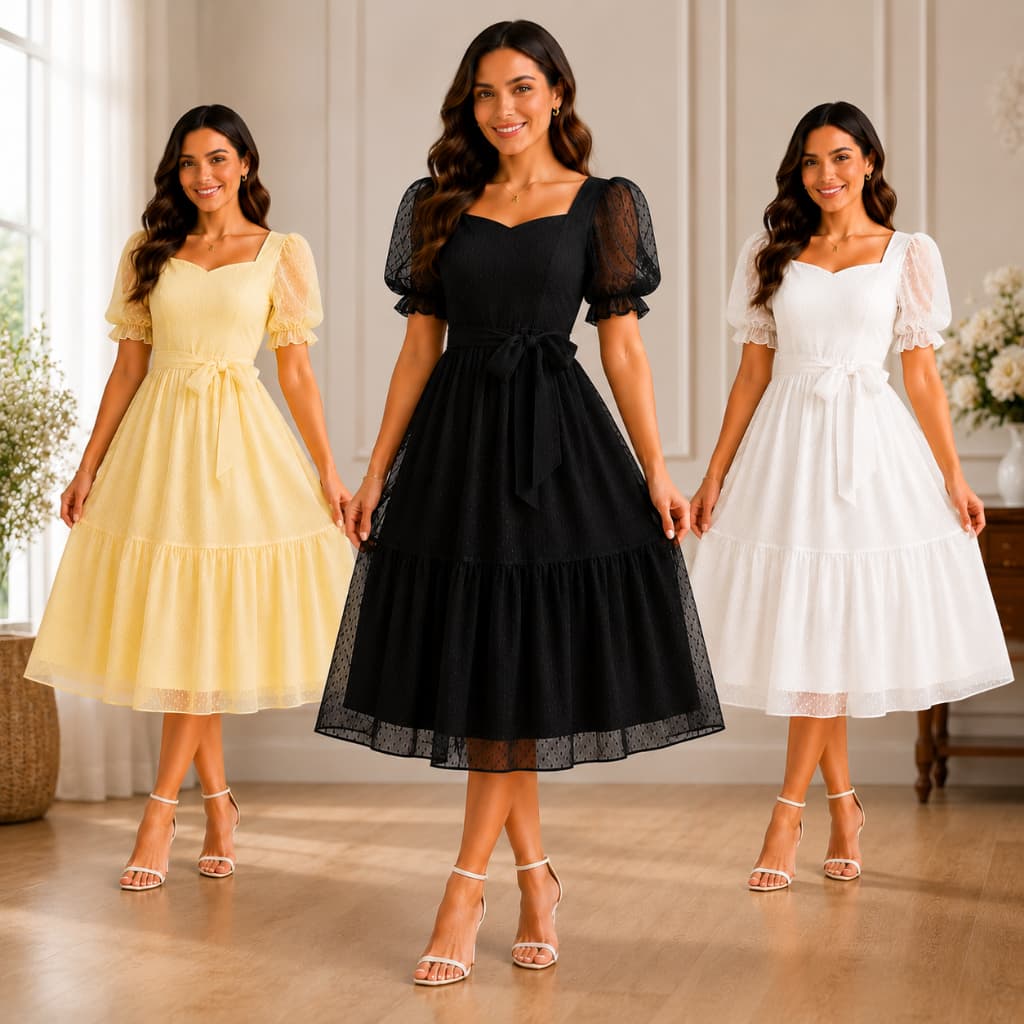 Vestido Tule Feminino Midi 2 Marias  Manga Bufante Decote Princesa Elegante Feminino