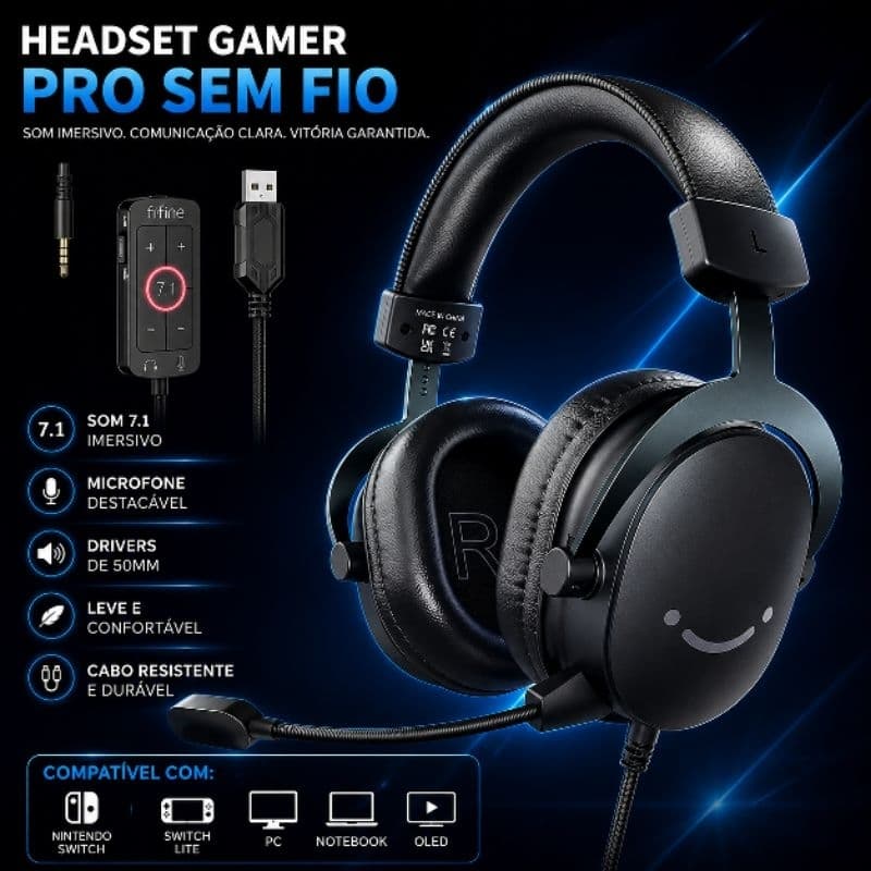 Headset Gamer USB Fifine H9 7.1 Surround, Microfone Flexível, PC e Notebook