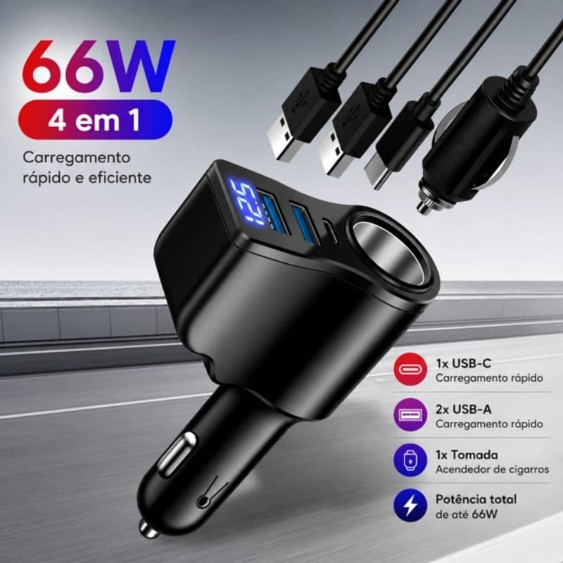 Carregador Veicular 4 em 1 Ultra Rápido 66W com Display Digital e Saída Isqueiro