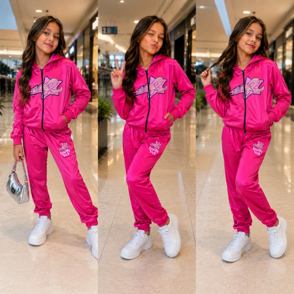 Conjunto Infantil Juvenil Menina Inverno Emily Vick Abrigo Casaco E Calça Quentinho Rosa