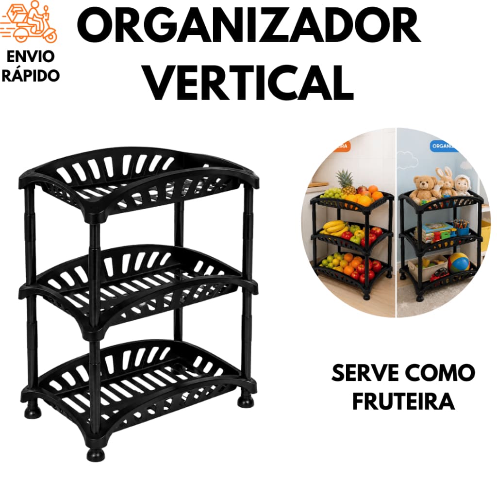 Organizador Fruteira Vertical Triplo Multiuso 3 Andares Cozinha E Objetos Preto