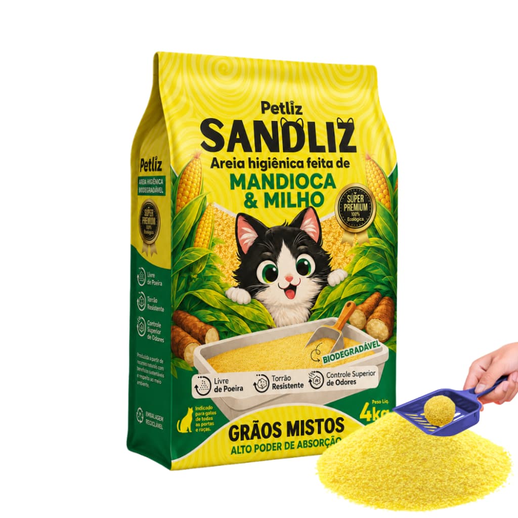 Areia Sanitária Higiênica Natural Premium Grãos Mistos de Milho e Mandioca Gatos Sandliz Petliz 4 kg