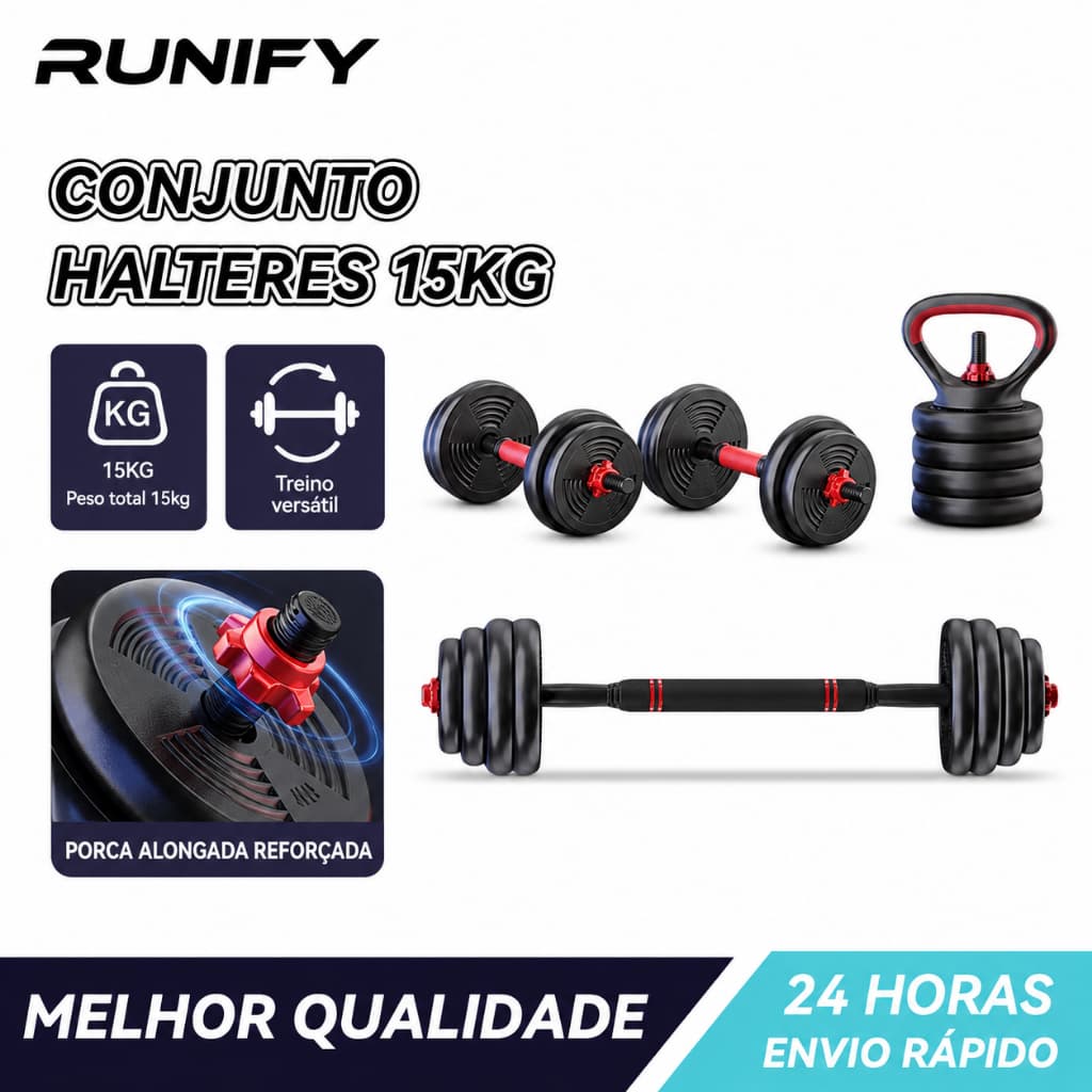 Runify Kit 15kg - Halteres, Anilhas, Barras e kettlebell Ajustáveis - Treino em Casa Musculação