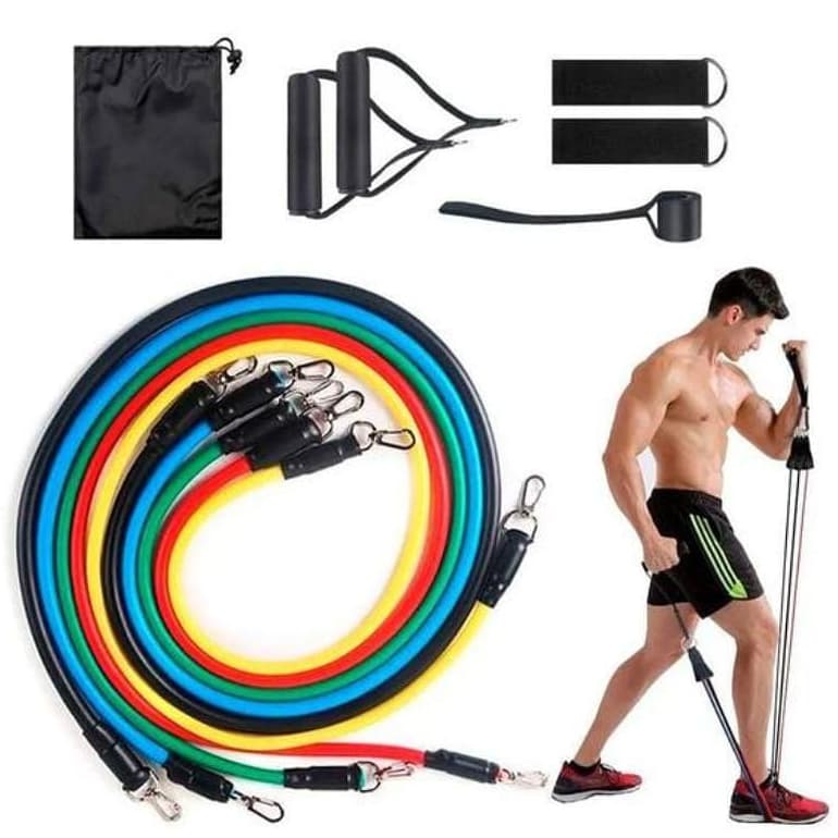 Kit 11 Itens Elástico Resistência Musculação com Alça Tornozeleira Âncora e Bolsa Treino Casa Academia