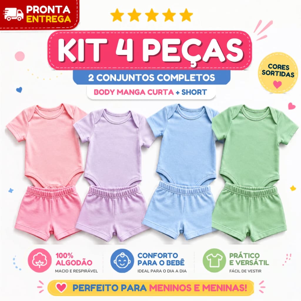 Kit 4 Peças Shorts E Body Manga Curto Liso Infantil Para Bebê Menino E Menina