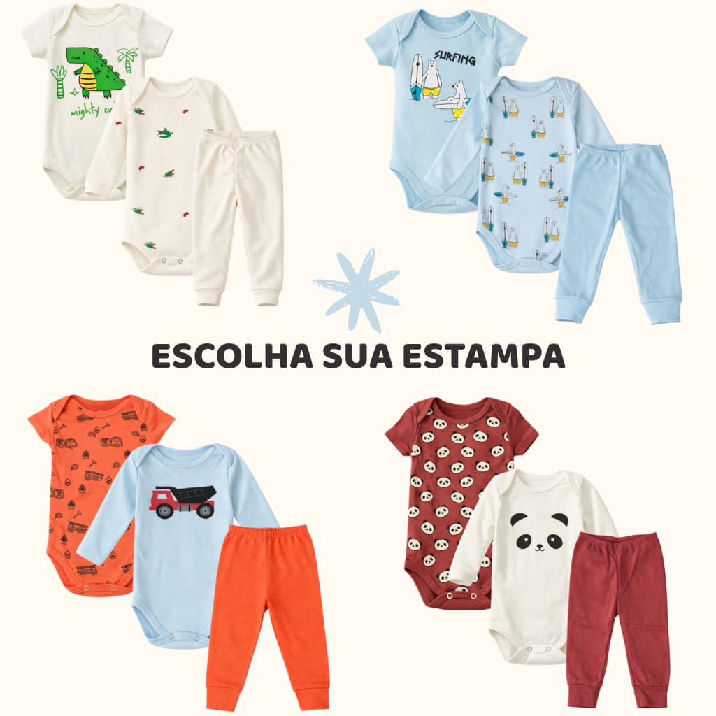 Kit Roupa de Bebê Inverno 3 Peças Body Bebê Menino Manga Longa e Curta Enxoval Infantil