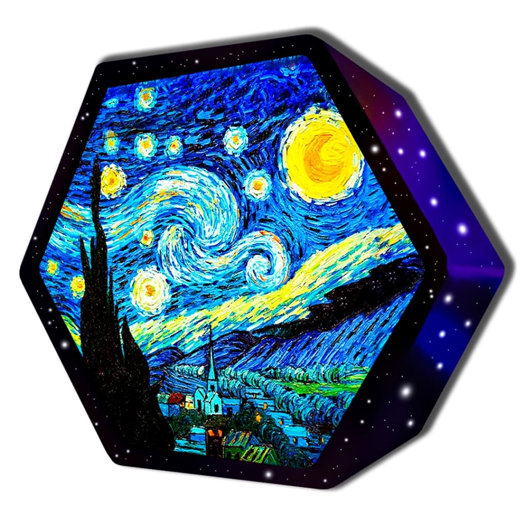 Luminária Abajur LED Hexagonal Noite Estrelada de Van Gogh - Decoração Criativa