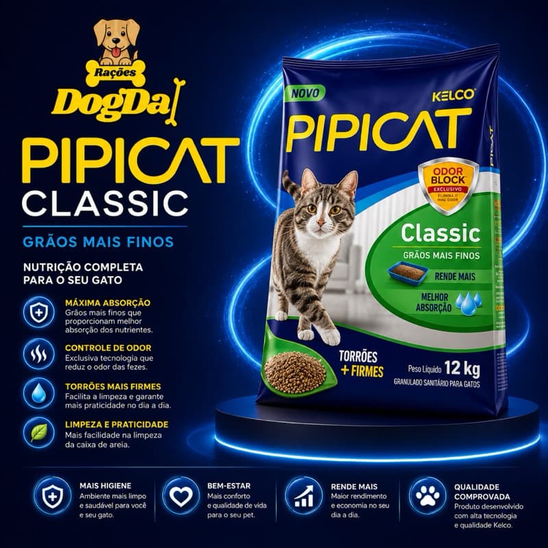 Pipicat Classic 12kg Areia Sanitária para Gatos Odor Block Torrões Firmes Grãos Finos Kelco