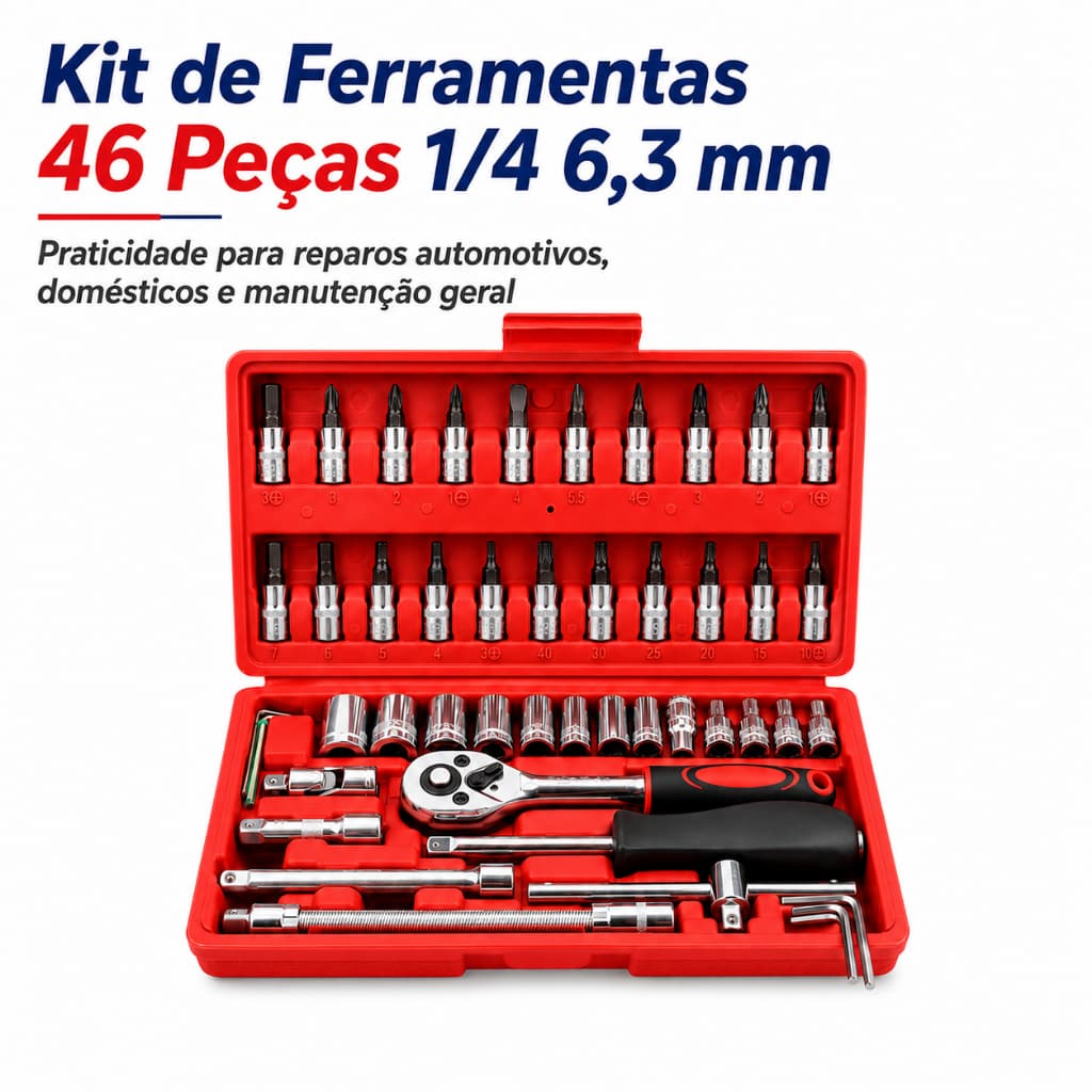 Kit Jogo Chave Catraca Maleta Soquete 46 Peças 1/4 Maleta com soquete reversível resistente aço inox