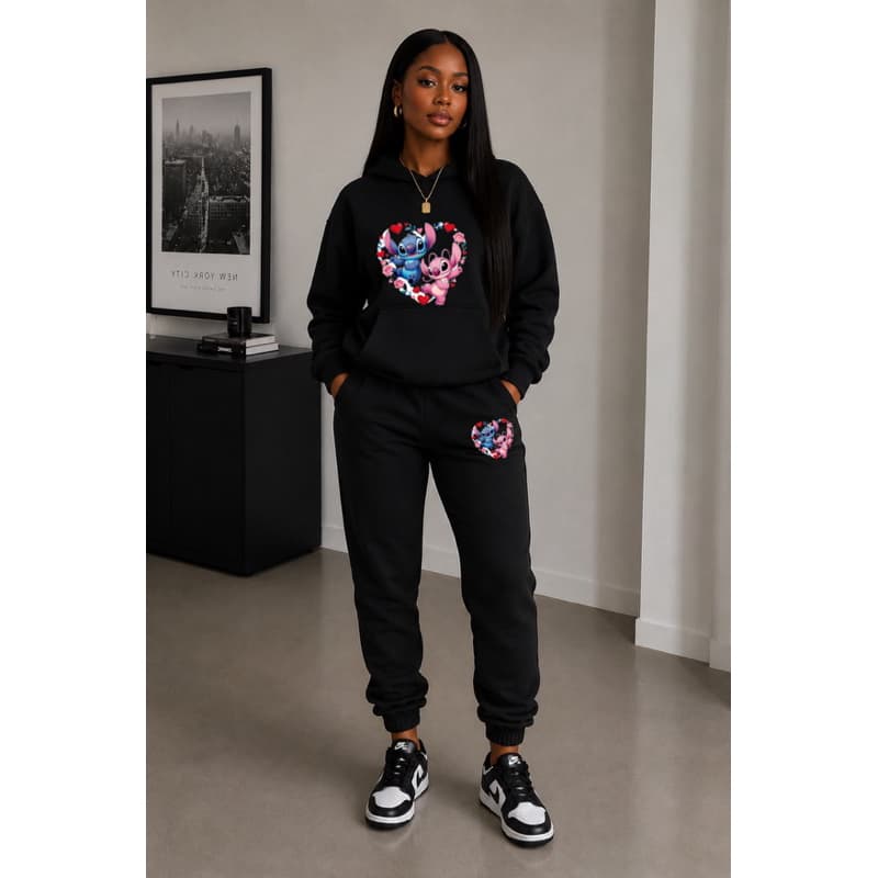 Conjunto Moletom Stitch Angel Unissex Flanelado Casaco Com Capuz Calça Moletom Agasalho Frio Inverno Conjunto Feminino