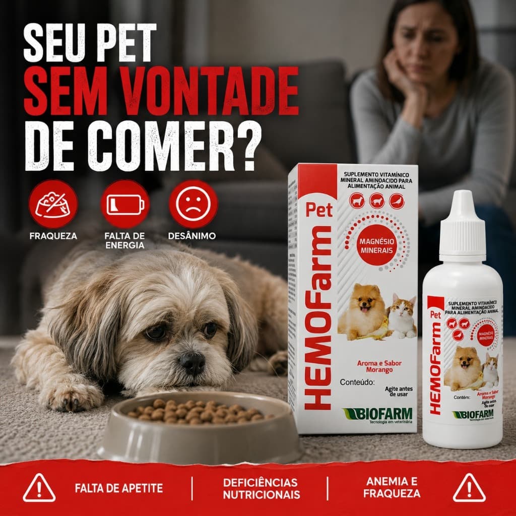 Hemofarm Pet Biofarm Aumenta Apetite Energia Combate Fraqueza Anemia Cães Gatos 30ml 60ml 125ml