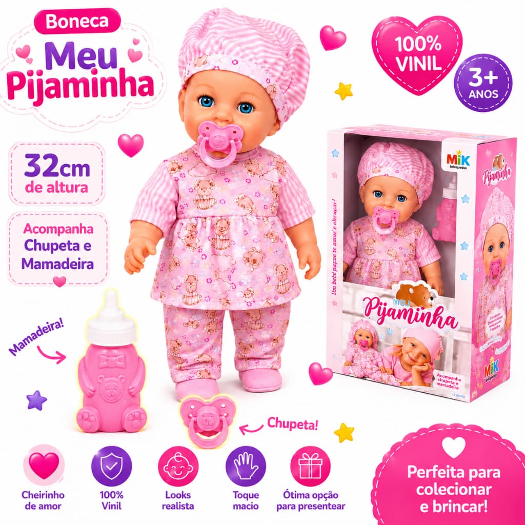Boneca Meu Pijaminha Bebê Com Mamadeira E Chupeta Menina - Milk Brinqedos -