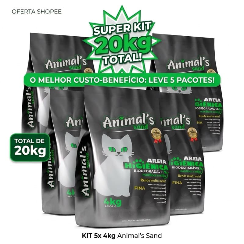 Super Kit Areia Sanitária Gato Animal's Sand 20kg - 5 Pacotes areia de mandioca e milho Rende mais