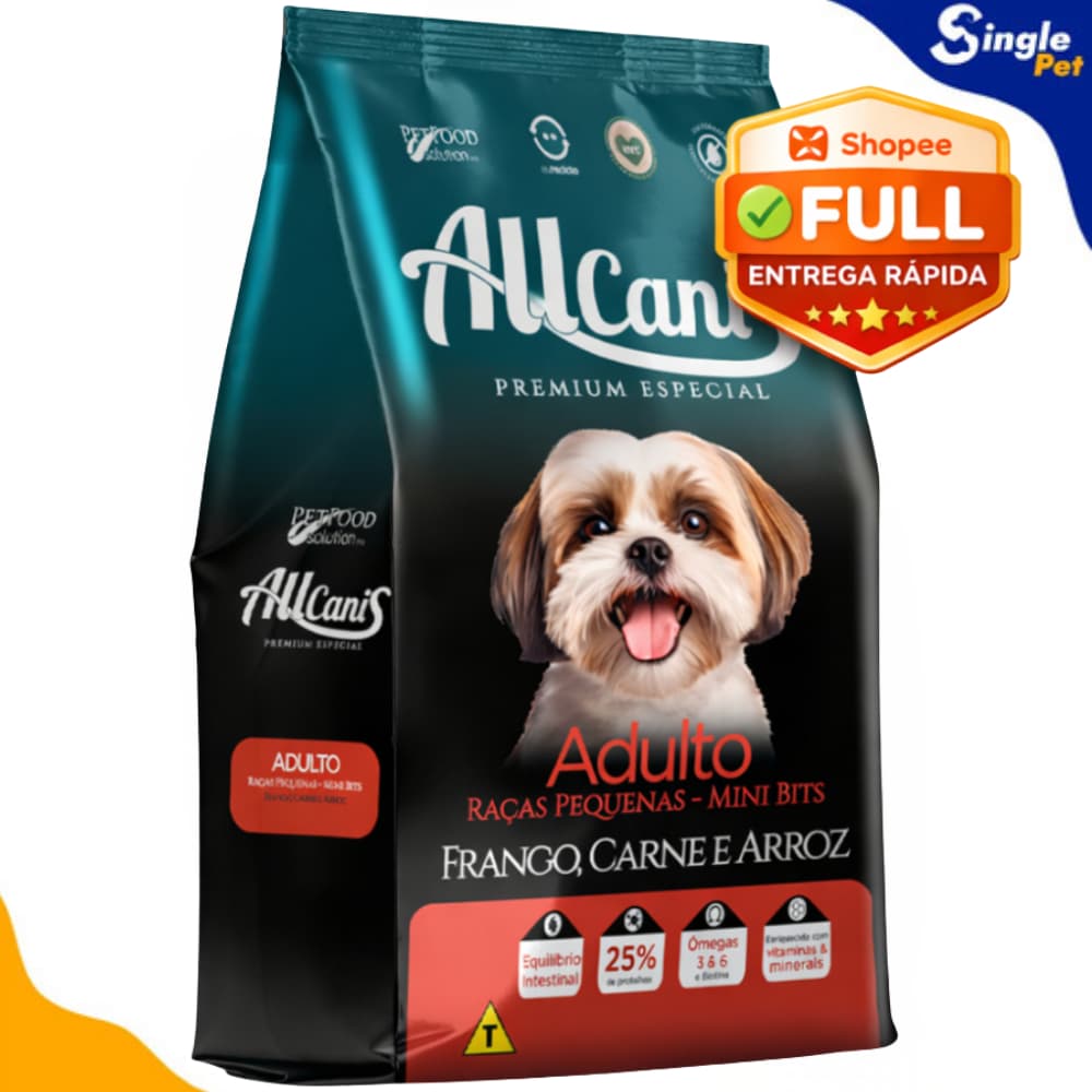 Ração Allcanis para Cães Adultos de Porte Pequeno 15kg Sabor Frango, Carne e Arroz - Grãos Mini Bits