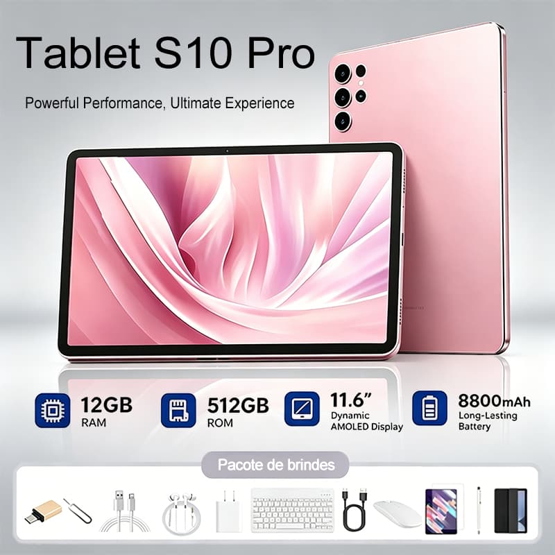 Combo com Teclado e Mouse Tablet S10 Pro Tela 11.6" 12GB RAM 512GB WiFi Bluetooth com Android 15