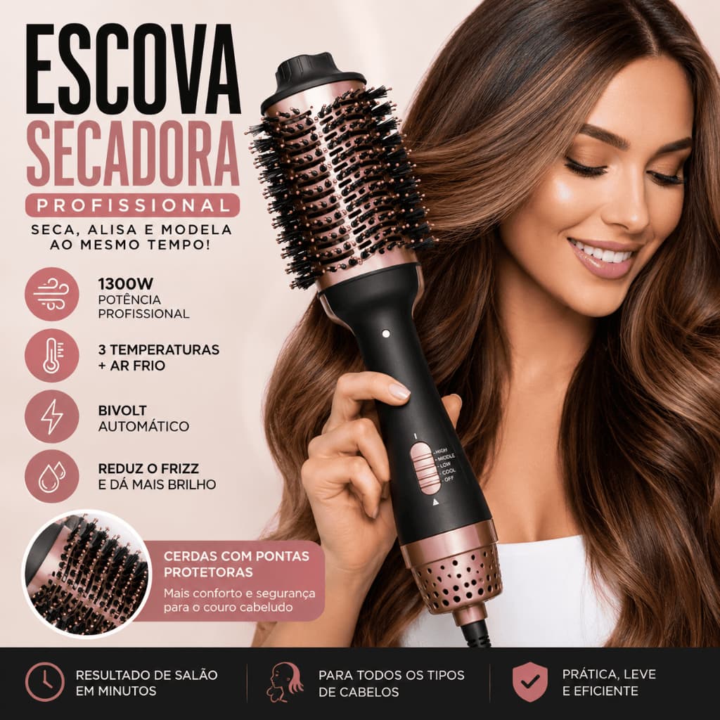 Escova Secadora Cabelo Profissional ~ Bivolt ~ 1300W Alisa, Modela E Seca