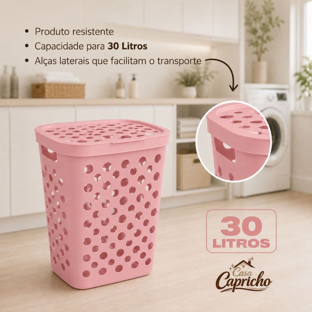 Cesto Telado 30 Litros com Tampa e Alça Cesto de Roupa Suja Banheiro Lavanderia - Usual Utilidades