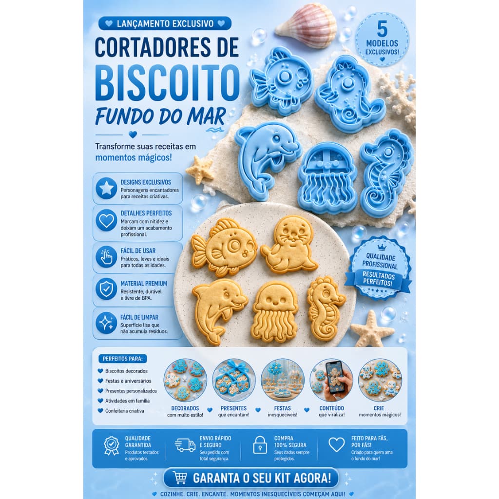 Kit Cortadores Fundo do Mar | Biscoitos | Cookies | Pasta Americana | Massinha de Modelar – 5 Unidades