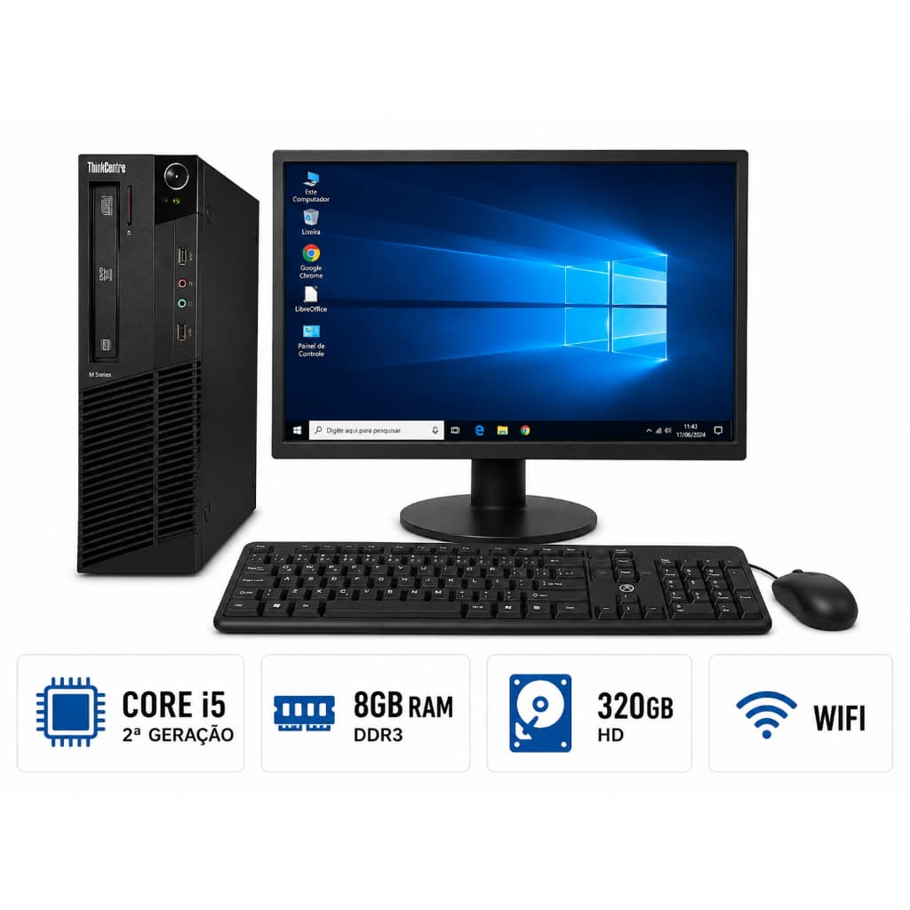 Computador Lenovo Core i5 2ªGr 8gb Ram Ddr3 Hd 320gb Tela 19" Wide Teclado Mouse Wifi Completo